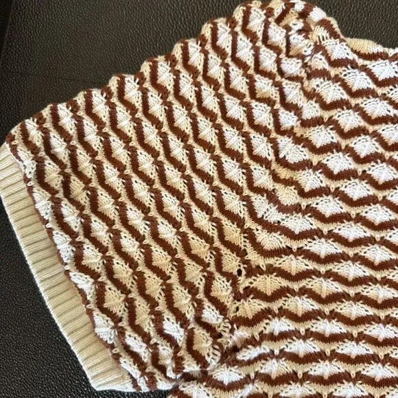 Sézane Mae Jumper Brown Ecru Knit Short Sleeve Puff Sleeve Size Large - Picture 4 of 9